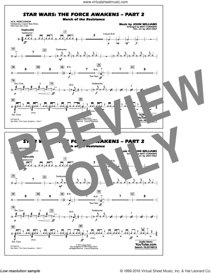 Star Wars: The Force Awakens, part 2 sheet music for marching band (aux percussion) by John Williams and Matt Conaway, classical score, intermediate skill level