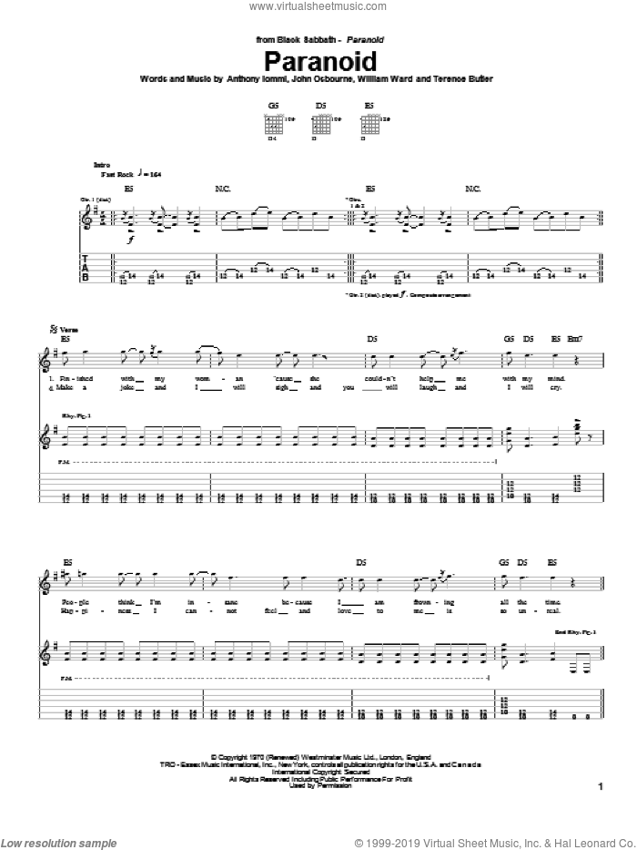 Paranoid sheet music for guitar (tablature) by Black Sabbath, Ozzy Osbourne, Anthony Iommi, John Osbourne and Terence Butler, intermediate skill level
