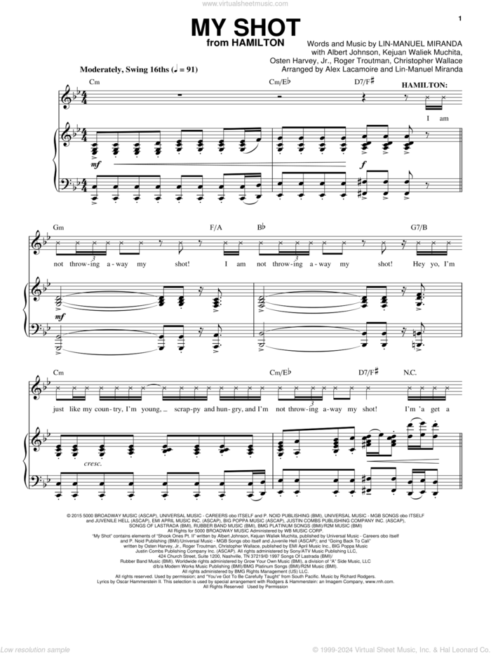 My Shot (from Hamilton) sheet music for voice and piano by Lin-Manuel Miranda, Alex Lacamoire, Albert Johnson, Christopher Wallace, Kejuan Waliek Muchita, Osten Harvey, Jr. and Roger Troutman, intermediate skill level