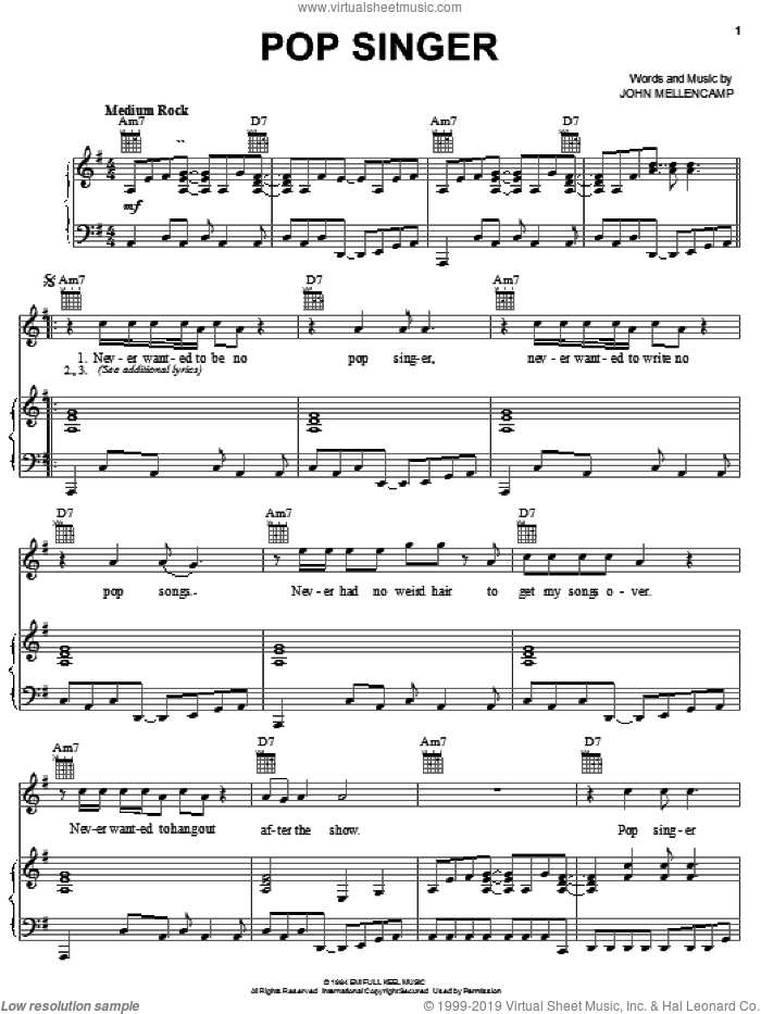 Pop Singer sheet music for voice, piano or guitar by John Mellencamp, intermediate skill level