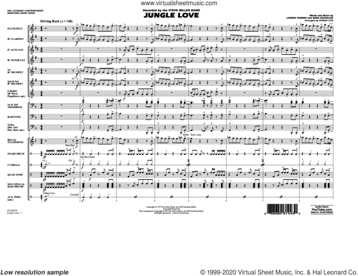Jungle Love (COMPLETE) sheet music for marching band by Steve Miller Band, Greg Douglass, Ishbah Cox and Lonnie Turner, intermediate skill level
