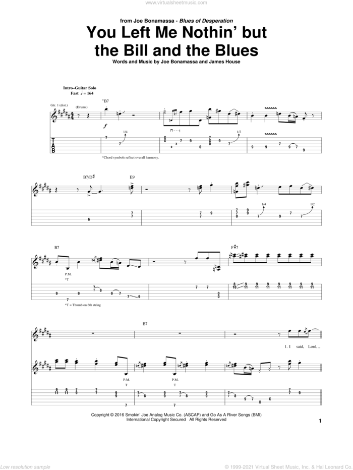You Left Me Nothin' But The Bill And The Blues sheet music for guitar (tablature) by Joe Bonamassa and James House, intermediate skill level