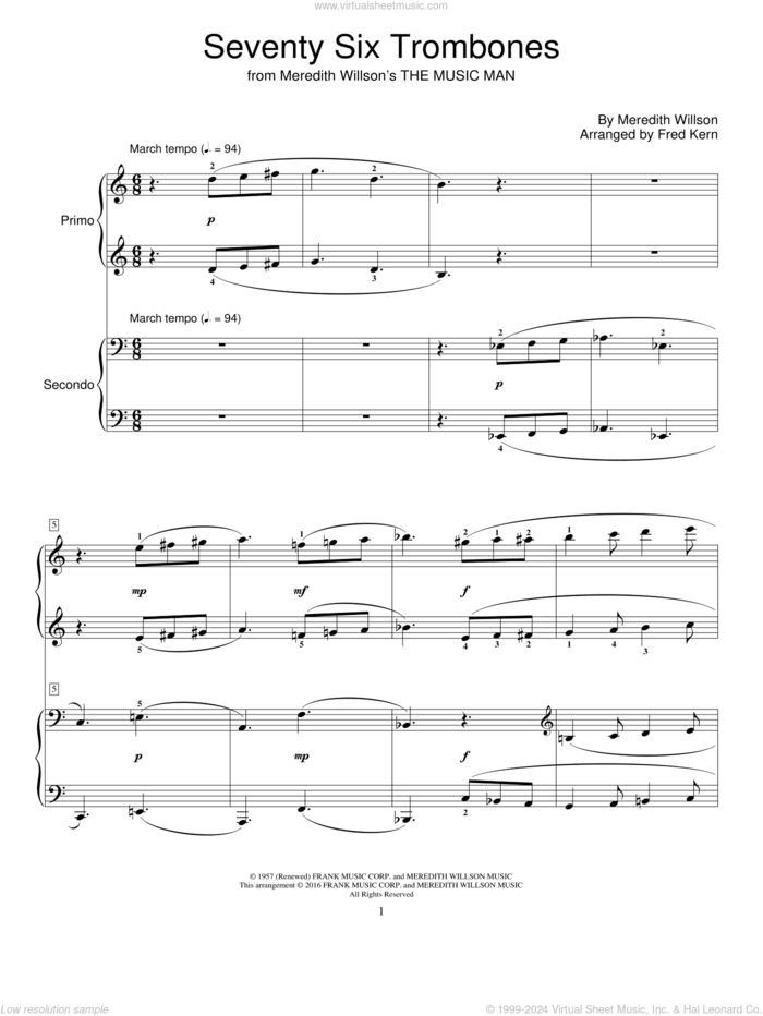 Seventy Six Trombones sheet music for piano four hands by Meredith Willson and Fred Kern, intermediate skill level