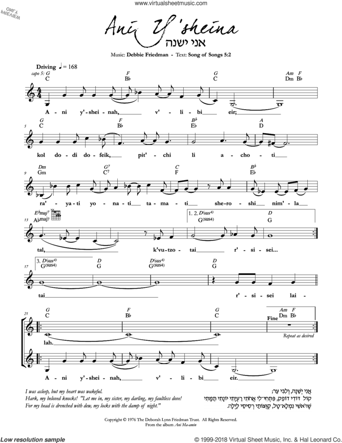 Ani Y'sheina sheet music for voice and other instruments (fake book) by Debbie Friedman, intermediate skill level