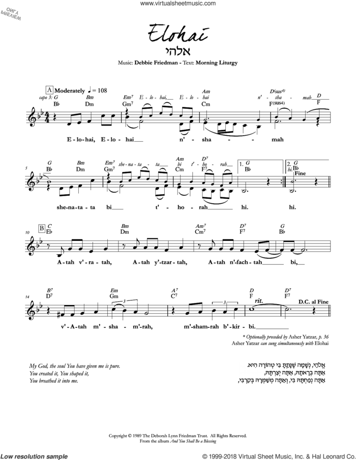 Elohai sheet music for voice and other instruments (fake book) by Debbie Friedman, intermediate skill level