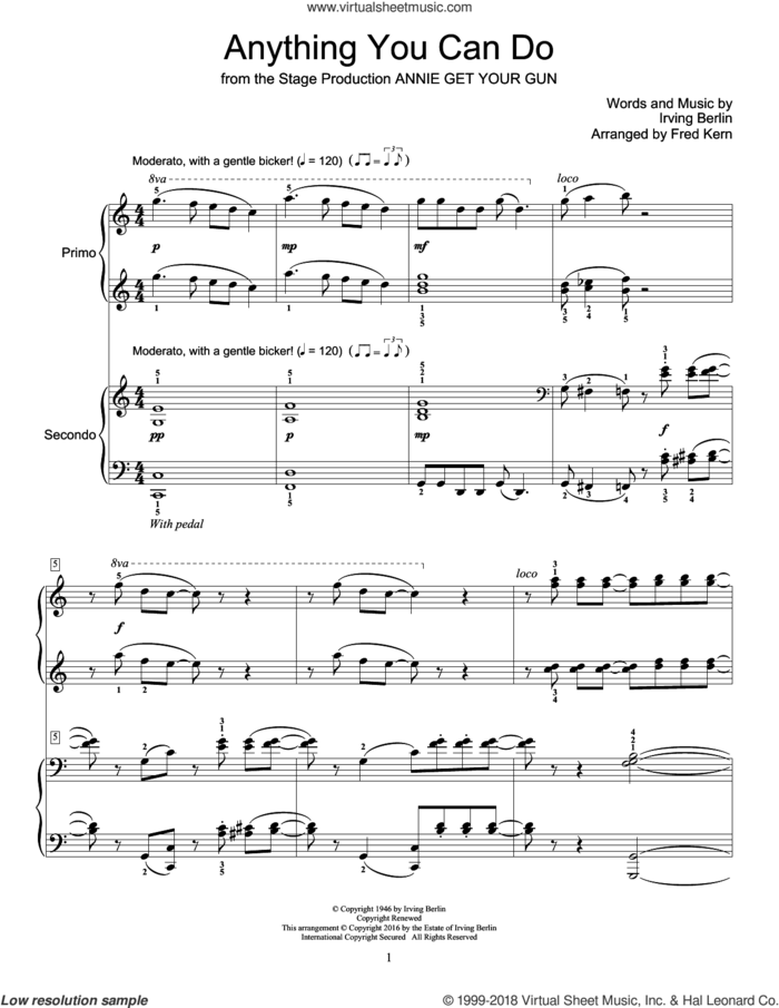 Anything You Can Do sheet music for piano four hands by Irving Berlin and Fred Kern, intermediate skill level