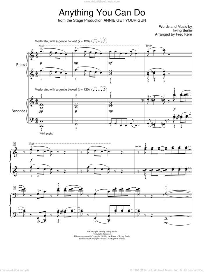 Anything You Can Do sheet music for piano four hands by Irving Berlin and Fred Kern, intermediate skill level