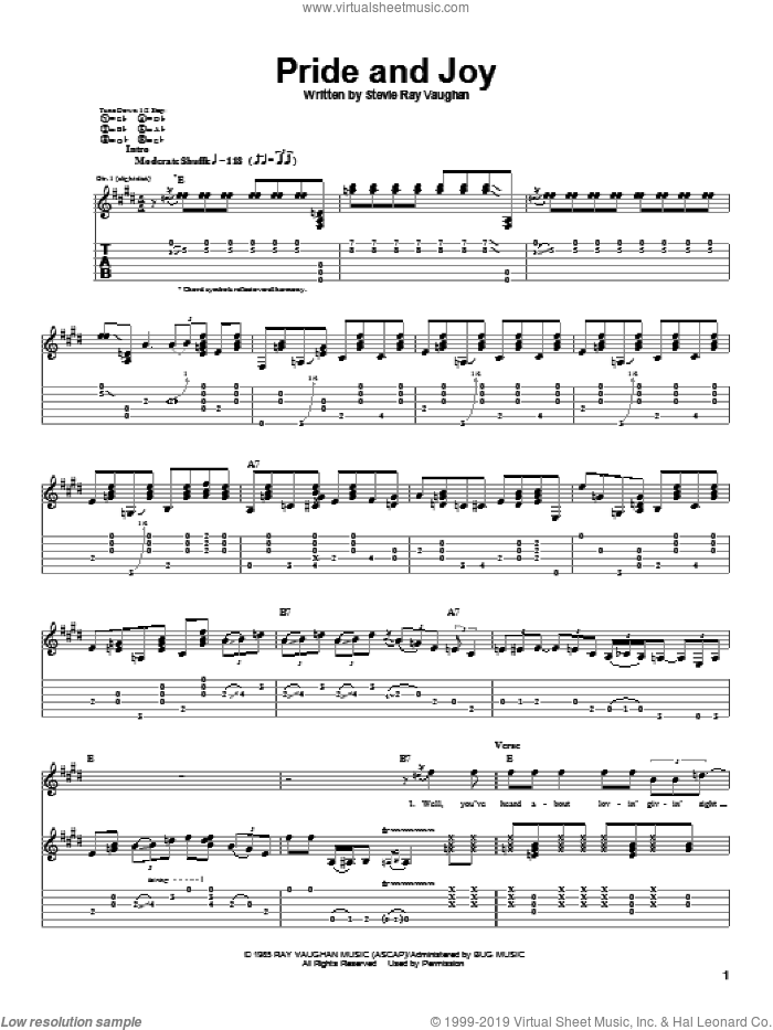 Pride And Joy sheet music for guitar (tablature) by Stevie Ray Vaughan, intermediate skill level