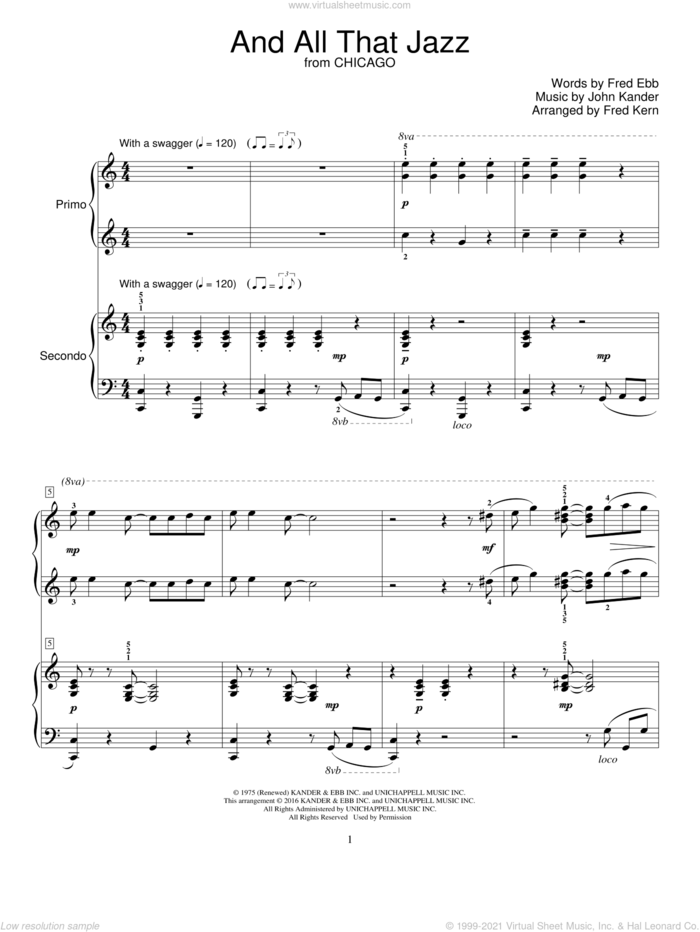 And All That Jazz sheet music for piano four hands by John Kander, Fred Kern and Fred Ebb, intermediate skill level
