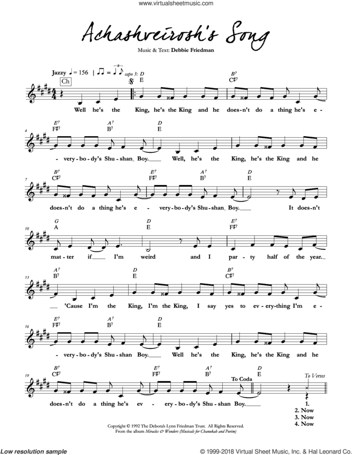 Achashveirosh's Song sheet music for voice and other instruments (fake book) by Debbie Friedman, intermediate skill level