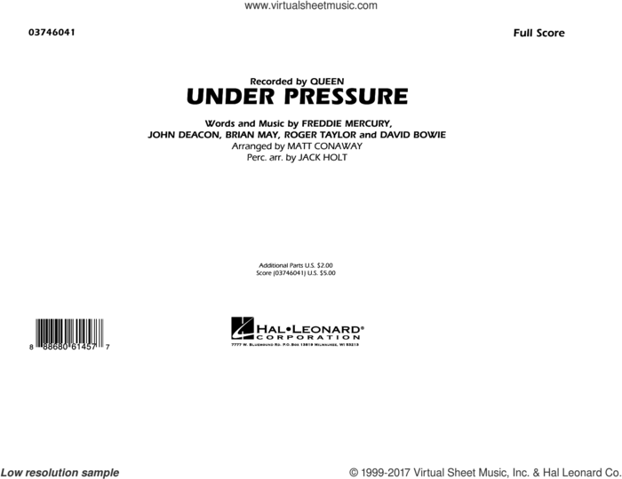 Under Pressure (COMPLETE) sheet music for marching band by Queen, Brian May, David Bowie, Freddie Mercury, John Deacon, Matt Conaway, Roger Taylor and The Used And My Chemical Romance, intermediate skill level