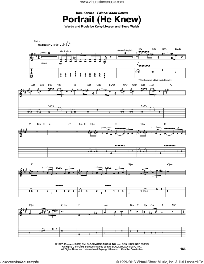 Portrait (He Knew) sheet music for guitar (tablature) by Kansas, Kerry Livgren and Steve Walsh, intermediate skill level