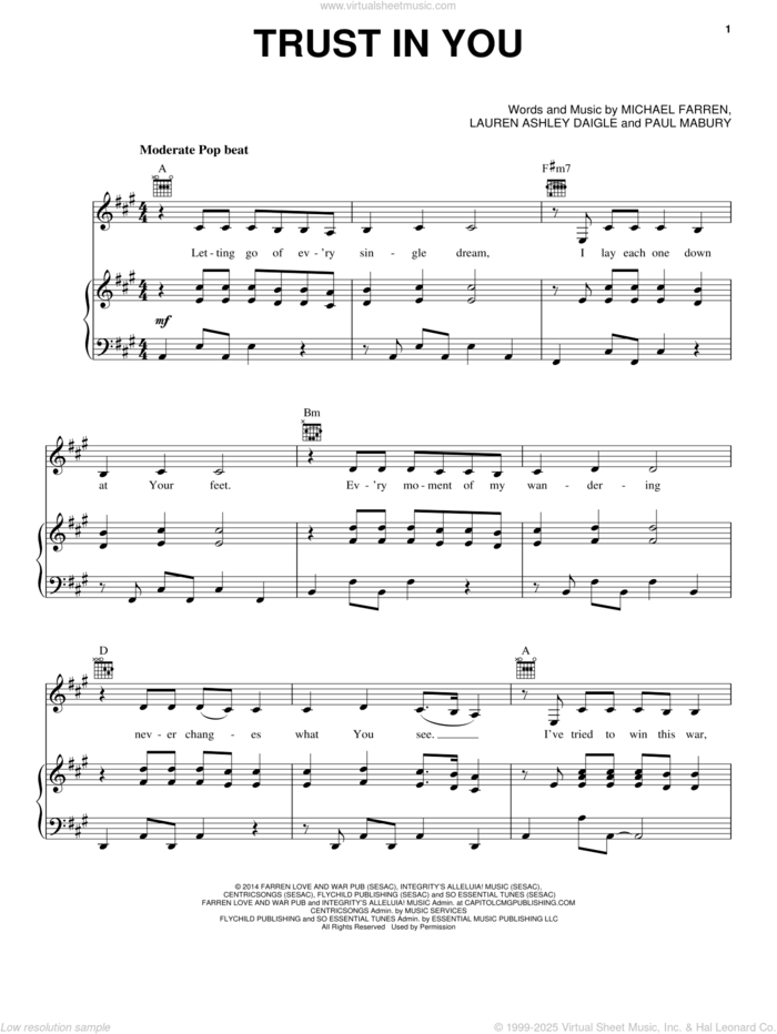 Trust In You sheet music for voice, piano or guitar by Lauren Daigle, Michael Farren and Paul Mabury, intermediate skill level