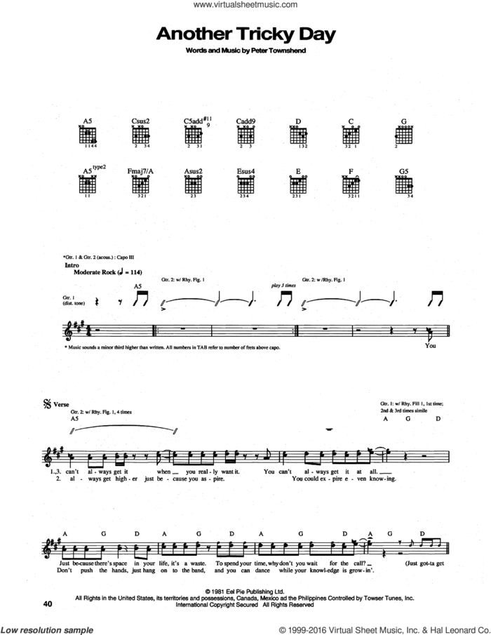 Another Tricky Day sheet music for guitar (tablature) by The Who and Pete Townshend, intermediate skill level