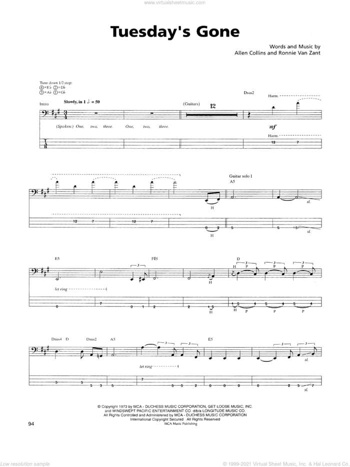 Tuesday's Gone sheet music for bass (tablature) (bass guitar) by Lynyrd Skynyrd, Allen Collins and Ronnie Van Zant, intermediate skill level