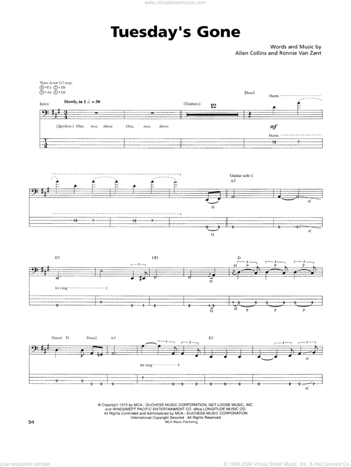 Tuesday's Gone sheet music for bass (tablature) (bass guitar) by Lynyrd Skynyrd, Allen Collins and Ronnie Van Zant, intermediate skill level