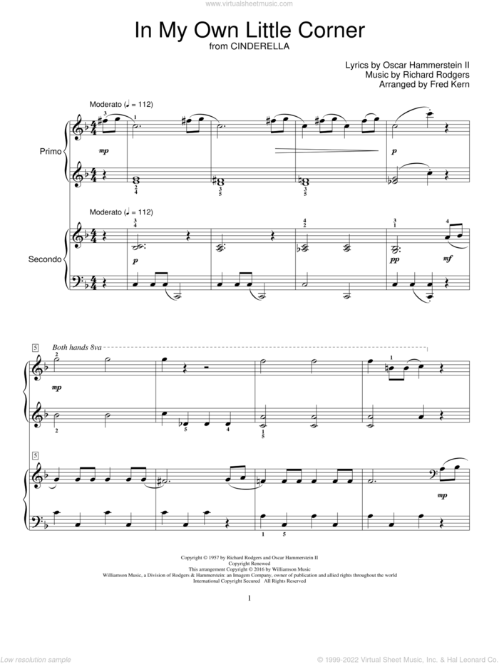 In My Own Little Corner (from Cinderella the Musical) sheet music for piano four hands by Richard Rodgers, Fred Kern and Oscar II Hammerstein, intermediate skill level