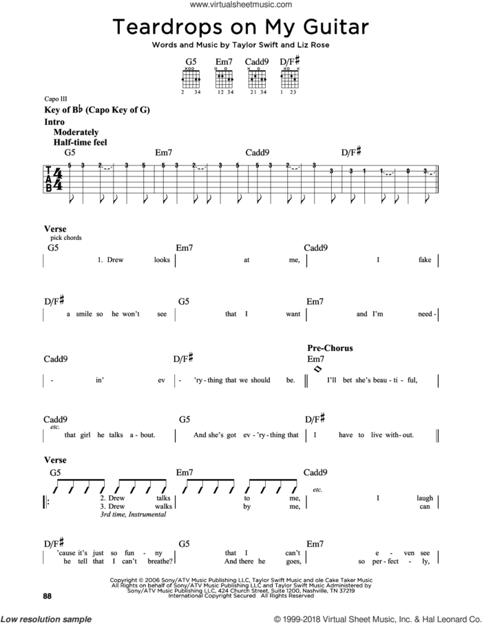 Teardrops On My Guitar sheet music for guitar solo (lead sheet) by Taylor Swift and Liz Rose, intermediate guitar (lead sheet)