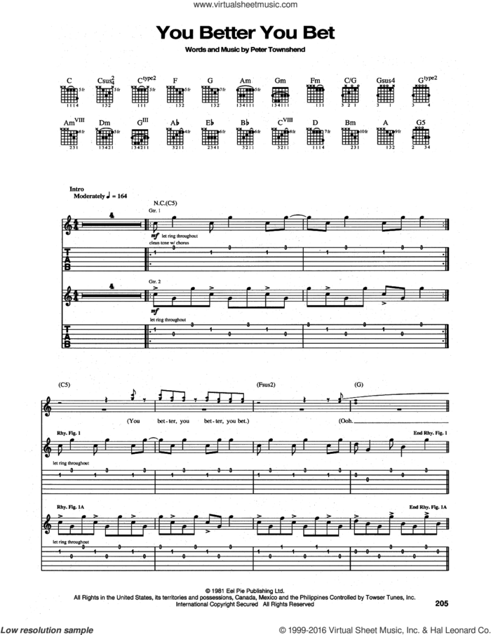 You Better You Bet sheet music for guitar (tablature) by The Who and Pete Townshend, intermediate skill level