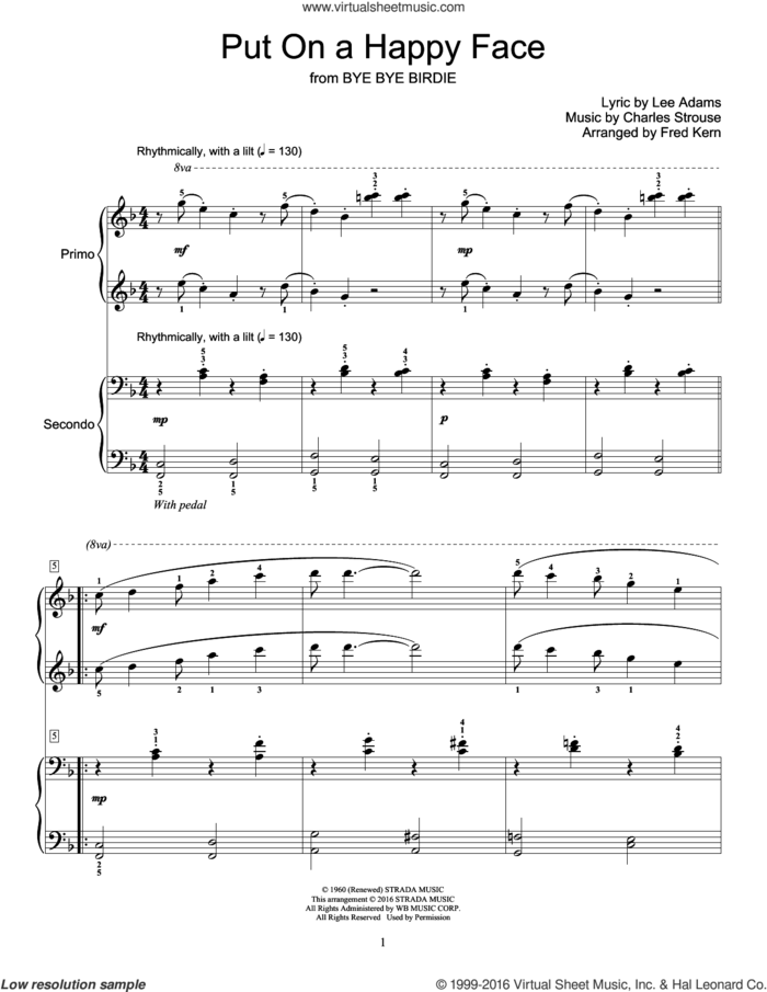 Put On A Happy Face sheet music for piano four hands by Charles Strouse, Fred Kern and Lee Adams, intermediate skill level