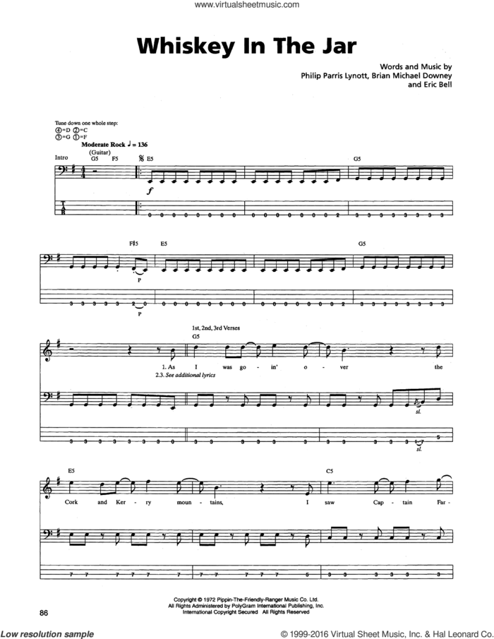 Whiskey In The Jar sheet music for bass (tablature) (bass guitar) by Metallica, Thin Lizzy, Brian Michael Downey, Eric Bell and Phil Lynott, intermediate skill level