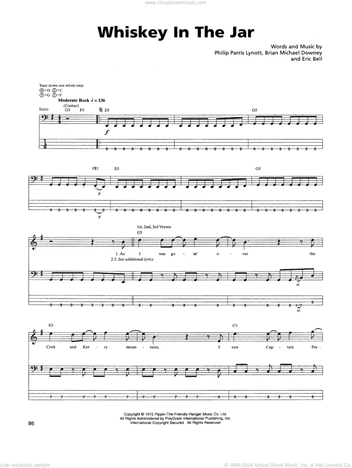 Whiskey In The Jar sheet music for bass (tablature) (bass guitar) by Metallica, Thin Lizzy, Brian Michael Downey, Eric Bell and Phil Lynott, intermediate skill level