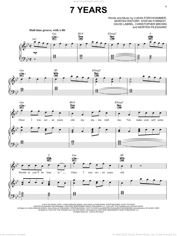 7 Years sheet music for voice, piano or guitar by Lukas Graham, Chris Brown, David Labrel, Lukas Forchammer, Morten Jensen, Morten Pilegaard, Morten Ristorp and Stefan Forrest, intermediate skill level