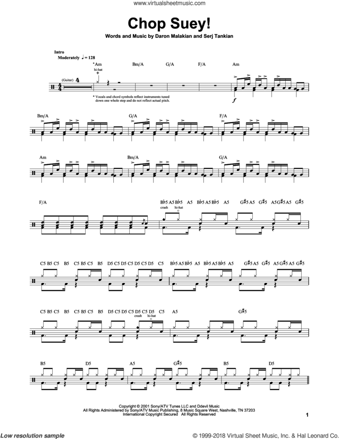 Chop Suey! sheet music for drums by System Of A Down, Daron Malakian and Serj Tankian, intermediate skill level
