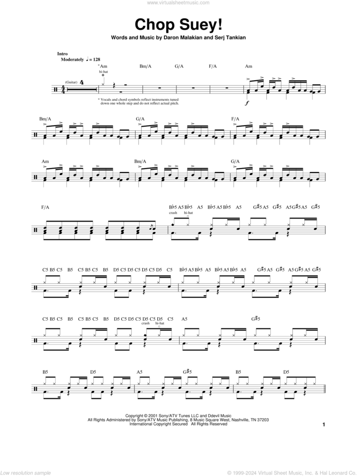 Chop Suey! sheet music for drums by System Of A Down, Daron Malakian and Serj Tankian, intermediate skill level