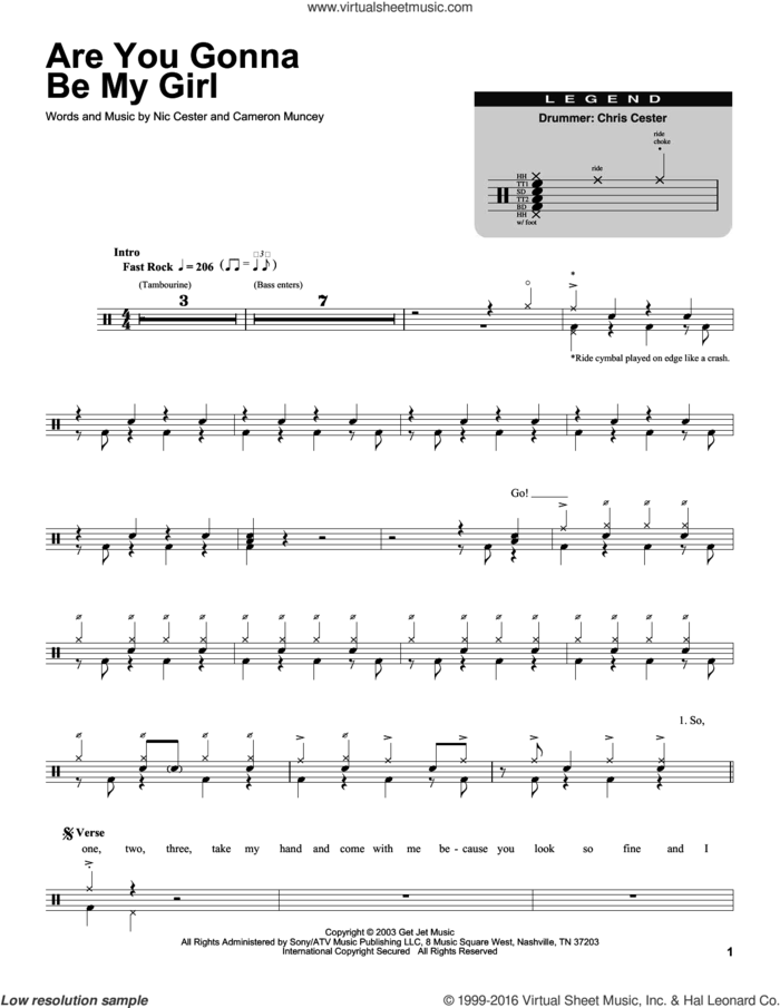 Are You Gonna Be My Girl sheet music for drums by Nic Cester and Cameron Muncey, intermediate skill level