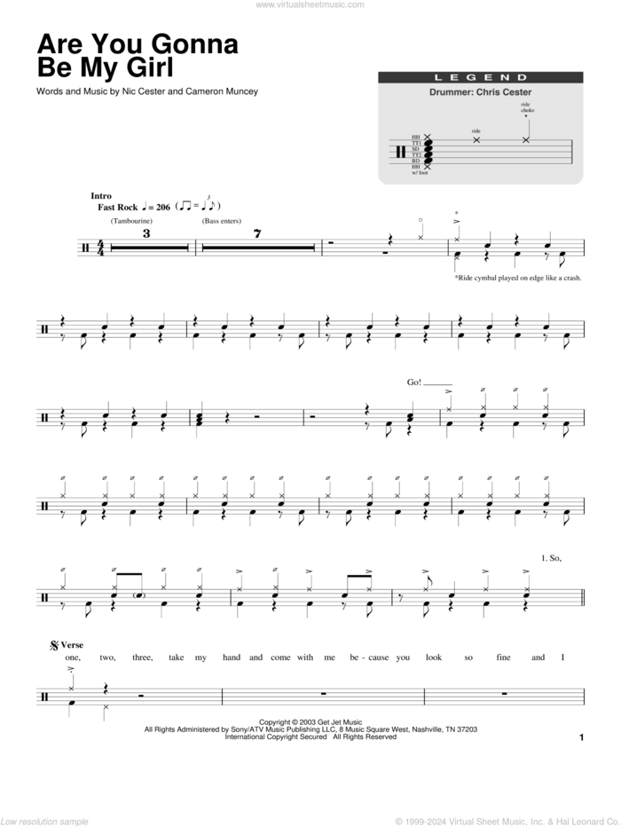 Are You Gonna Be My Girl sheet music for drums by Nic Cester and Cameron Muncey, intermediate skill level