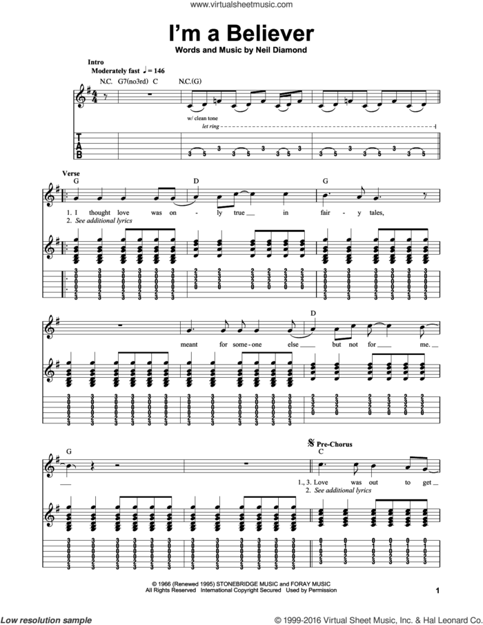 I'm A Believer sheet music for guitar solo (easy tablature) by The Monkees, Smash Mouth and Neil Diamond, easy guitar (easy tablature)