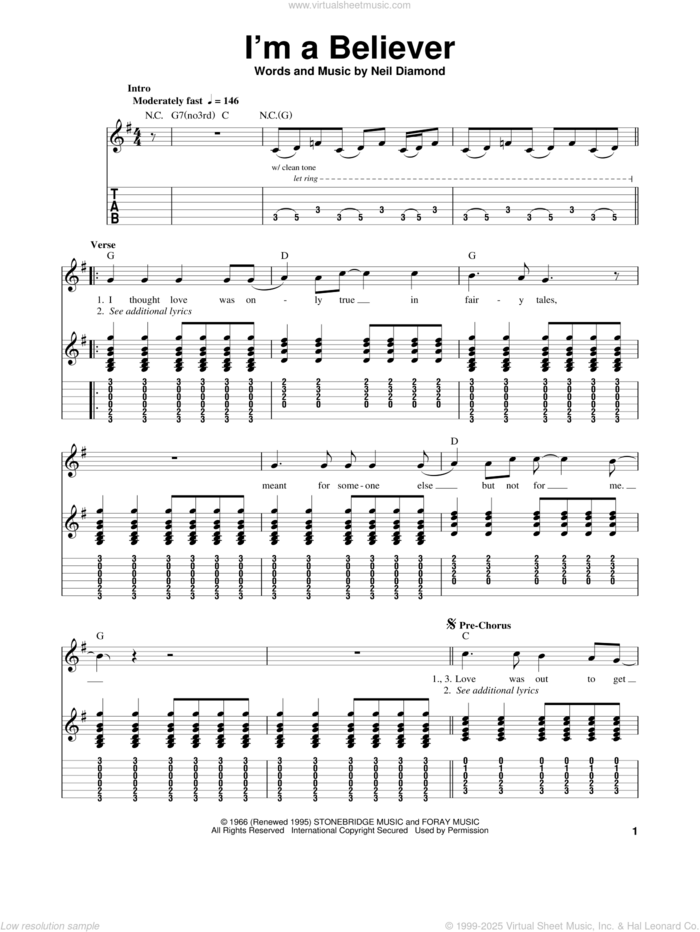 I'm A Believer sheet music for guitar solo (easy tablature) by The Monkees, Smash Mouth and Neil Diamond, easy guitar (easy tablature)