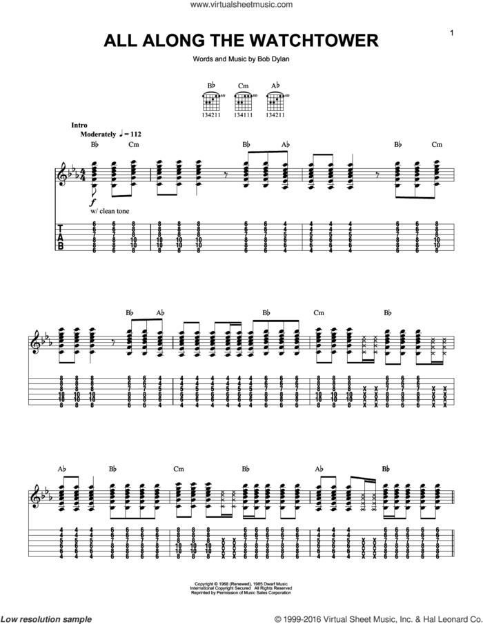All Along The Watchtower sheet music for guitar solo (easy tablature) by Bob Dylan, easy guitar (easy tablature)