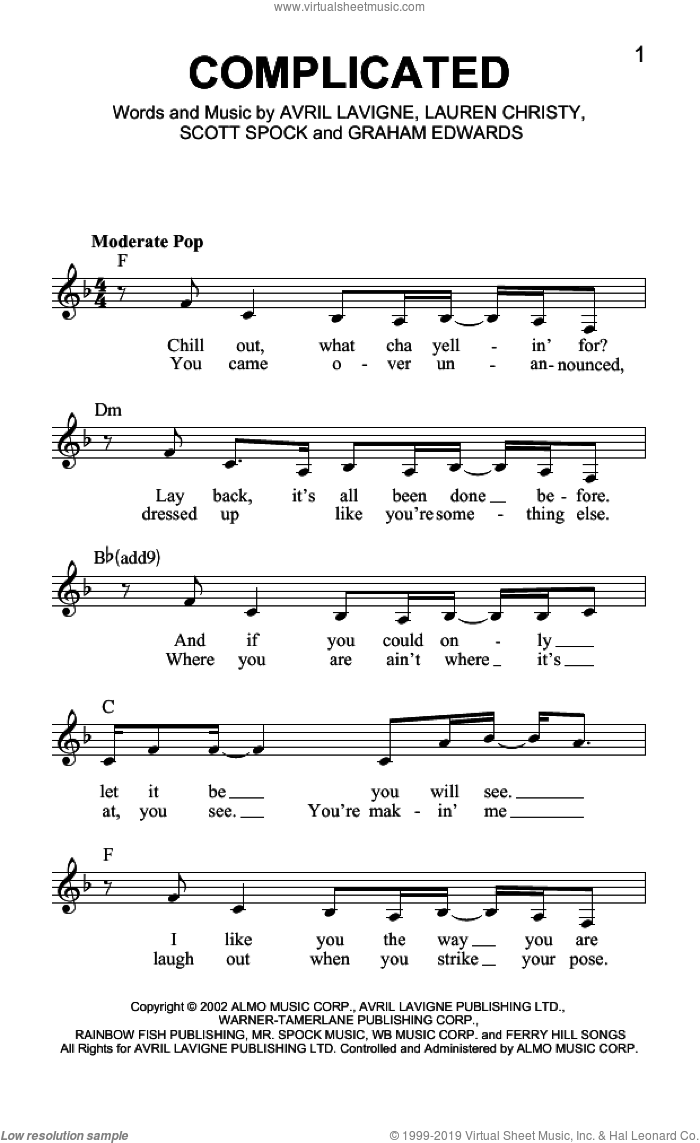 Complicated sheet music for voice and other instruments (fake book) by Avril Lavigne, Graham Edwards, Lauren Christy and Scott Spock, intermediate skill level