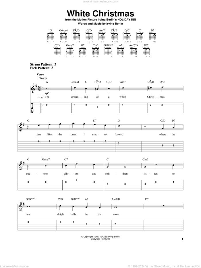 White Christmas sheet music for guitar solo (easy tablature) by Irving Berlin, easy guitar (easy tablature)