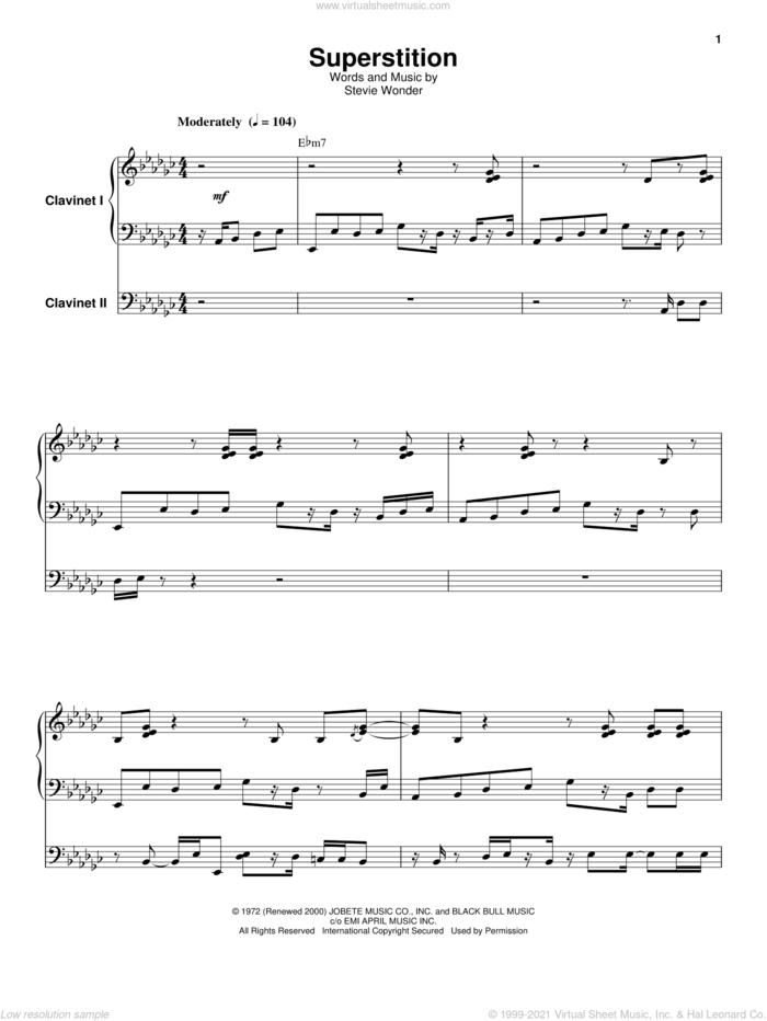 Superstition sheet music for keyboard or piano by Stevie Wonder and Stevie Ray Vaughan, intermediate skill level