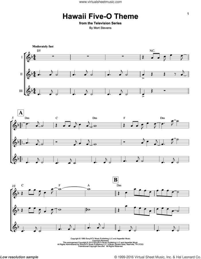 Hawaii Five-O Theme sheet music for ukulele ensemble by The Ventures and Mort Stevens, intermediate skill level