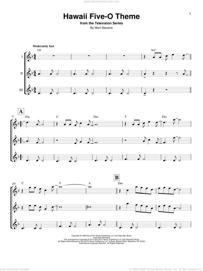 Hawaii Five-O Theme sheet music for ukulele ensemble by The Ventures and Mort Stevens, intermediate skill level