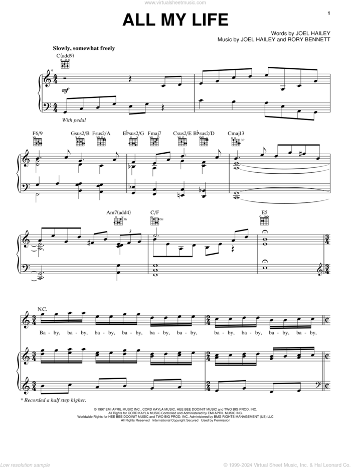 All My Life sheet music for voice, piano or guitar by K-Ci & JoJo, Joel Hailey and Rory Bennett, intermediate skill level