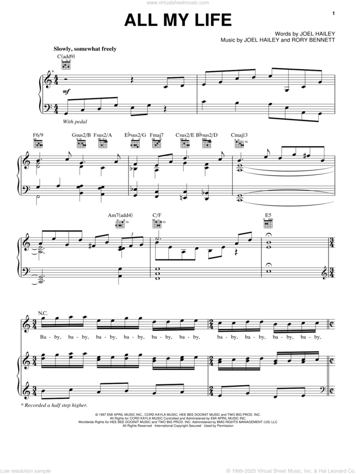 All My Life sheet music for voice, piano or guitar by K-Ci & JoJo, Joel Hailey and Rory Bennett, intermediate skill level