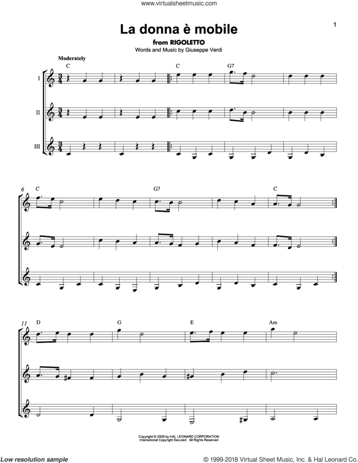 La Donna e Mobile sheet music for guitar ensemble by Giuseppe Verdi, classical score, intermediate skill level