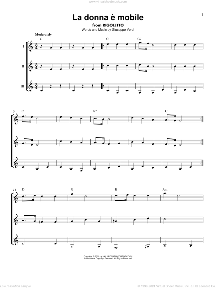 La Donna e Mobile sheet music for guitar ensemble by Giuseppe Verdi, classical score, intermediate skill level