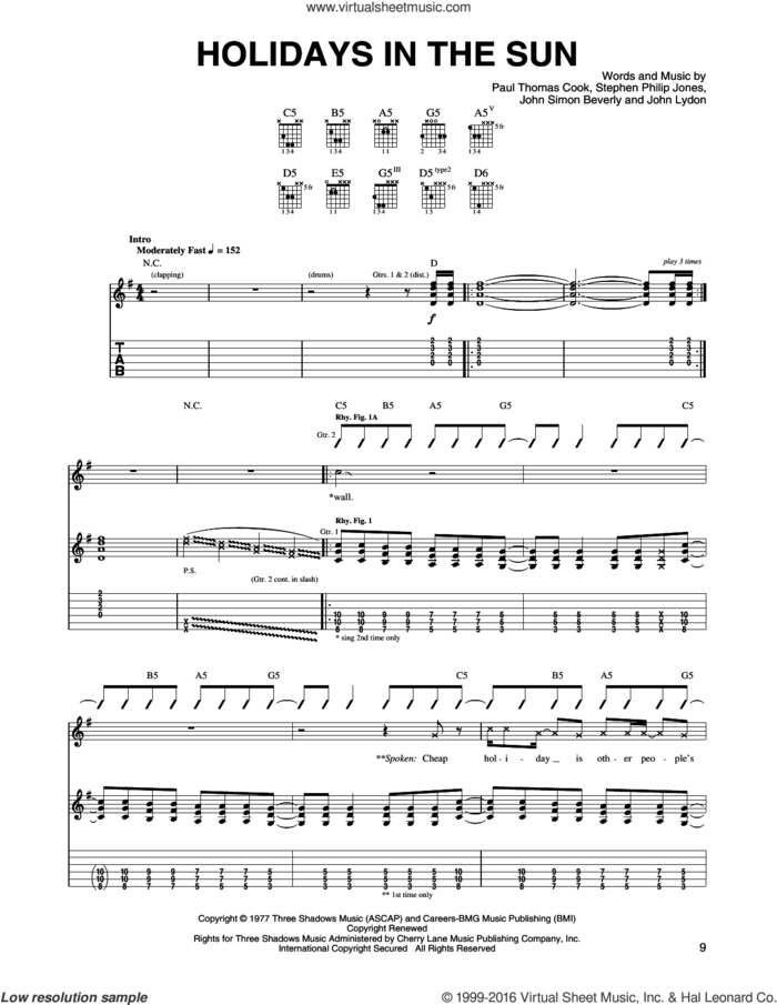 Holidays In The Sun sheet music for guitar (tablature) by Sex Pistols, John Lydon, John Simon Beverly, Paul Thomas Cook and Steve Jones, intermediate skill level