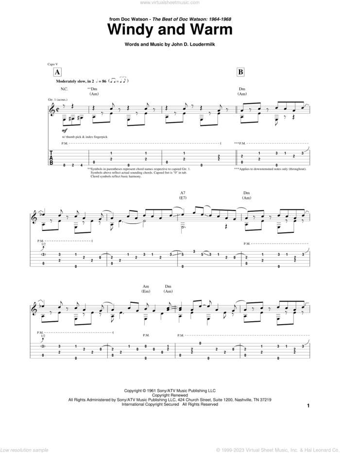 Windy And Warm sheet music for guitar (tablature) by Doc Watson, Chet Atkins and John D. Loudermilk, intermediate skill level
