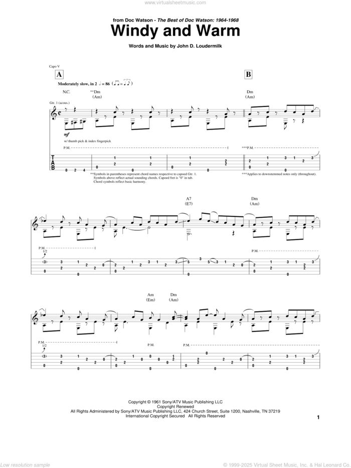 Windy And Warm sheet music for guitar (tablature) by Doc Watson, Chet Atkins and John D. Loudermilk, intermediate skill level