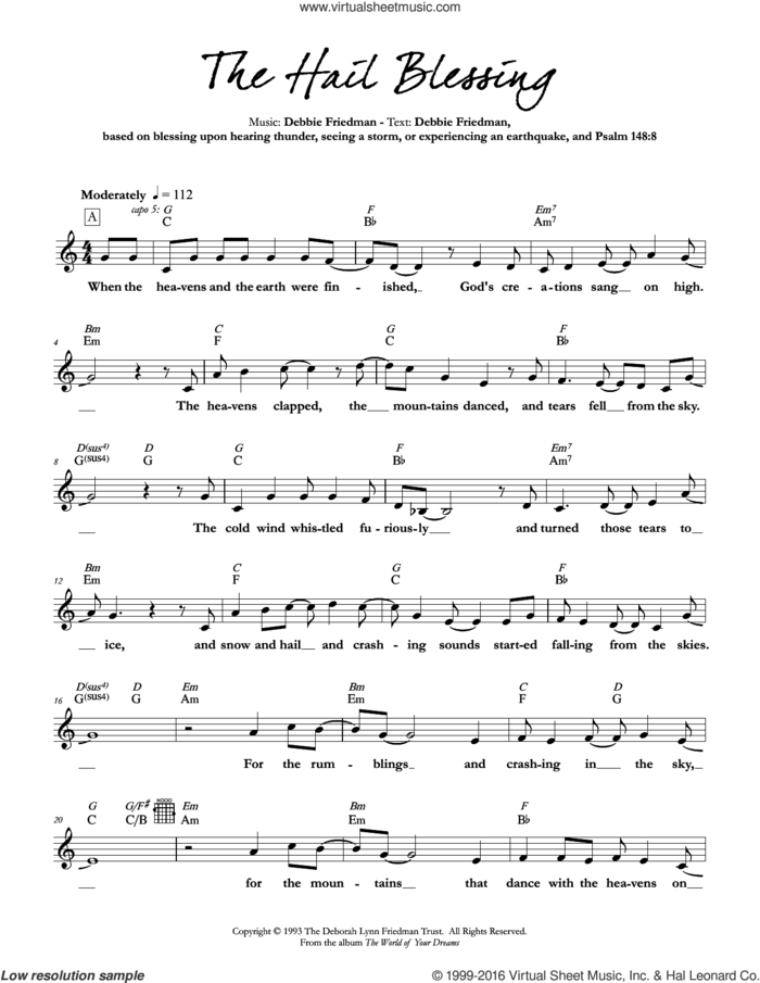 The Hail Blessing sheet music for voice and other instruments (fake book) by Debbie Friedman, intermediate skill level