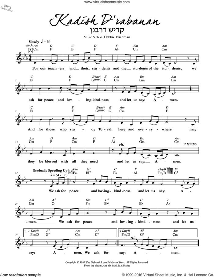 Kadish D'rabanan sheet music for voice and other instruments (fake book) by Debbie Friedman, intermediate skill level