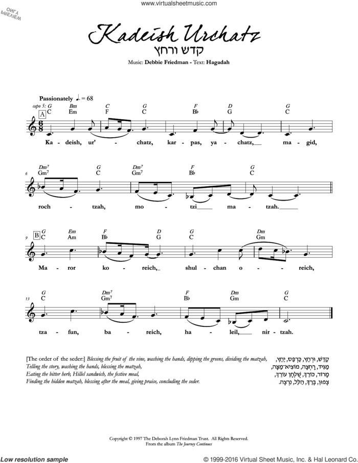 Kadeish Urchatz sheet music for voice and other instruments (fake book) by Debbie Friedman, intermediate skill level