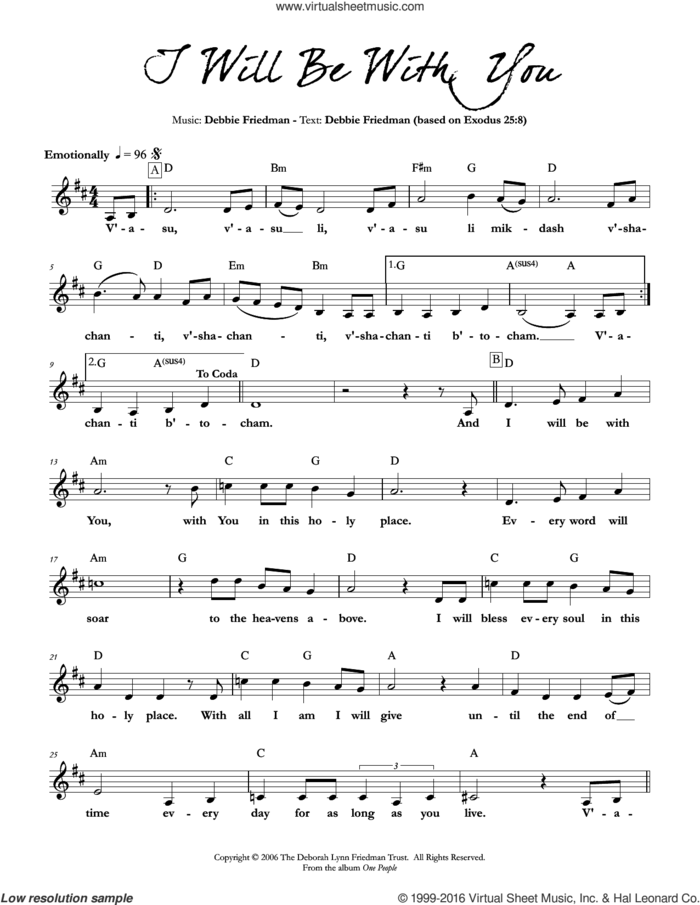 I Will Be With You sheet music for voice and other instruments (fake book) by Debbie Friedman, intermediate skill level